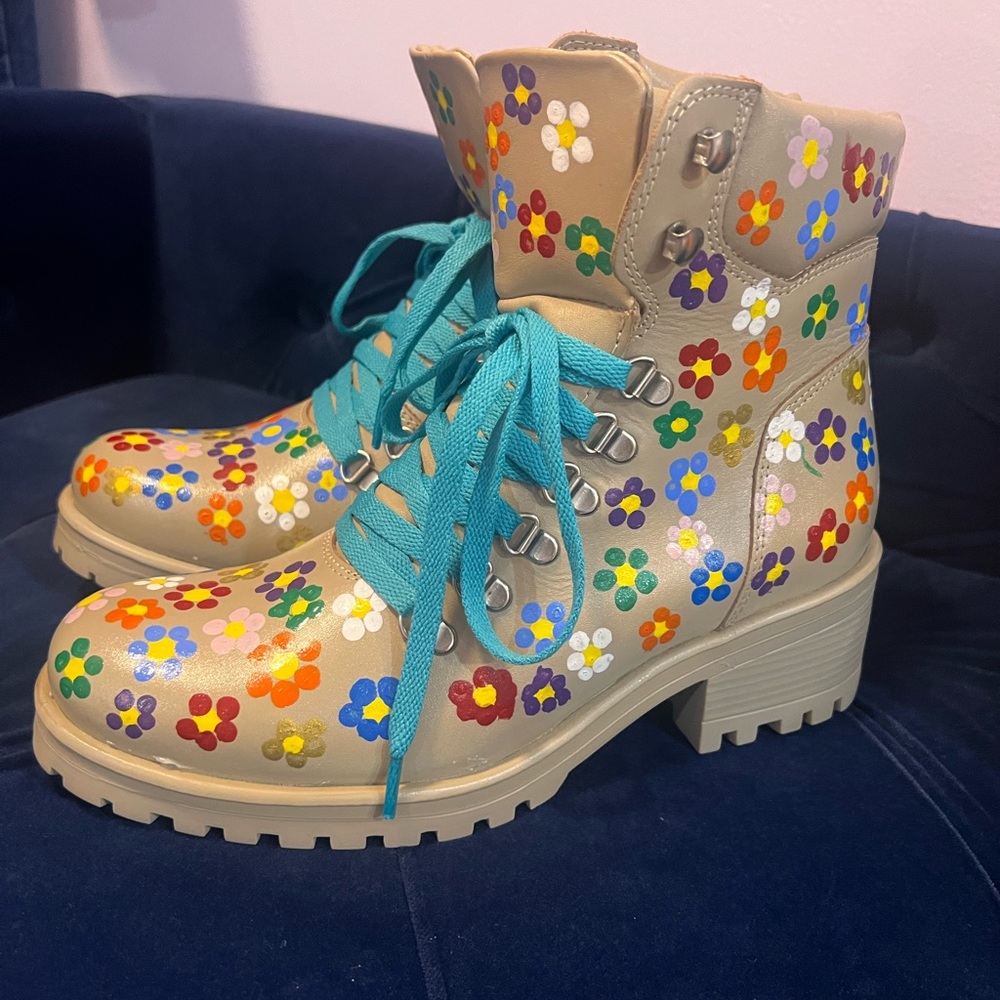 Handpainted One of a Kind Floral Leather Boots